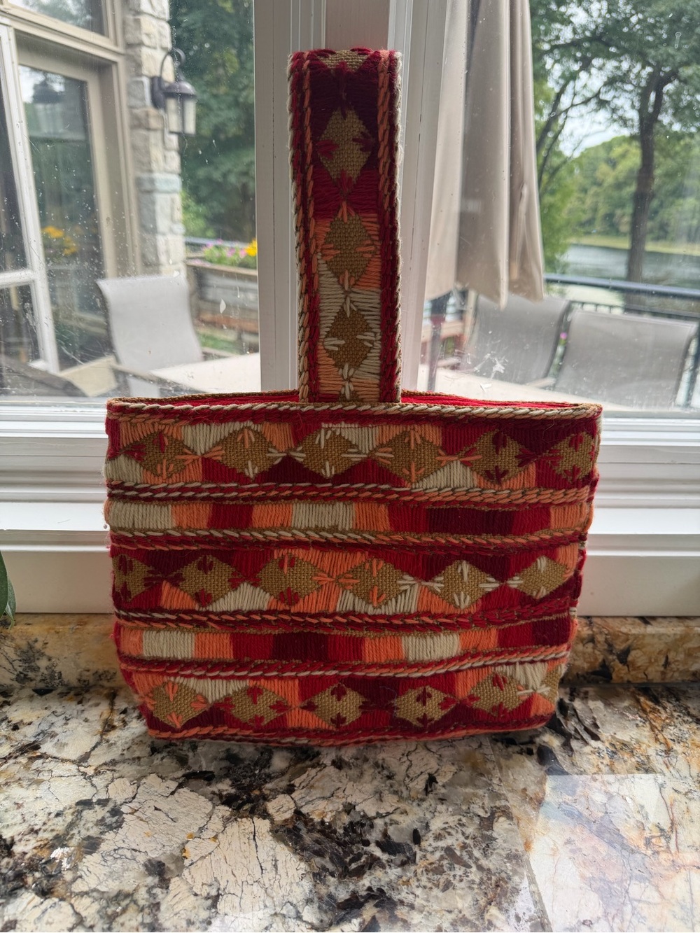 Vintage Red Embroidered Burlap Handbag 60s Crewel Yarn Tote Lined Purse.retro